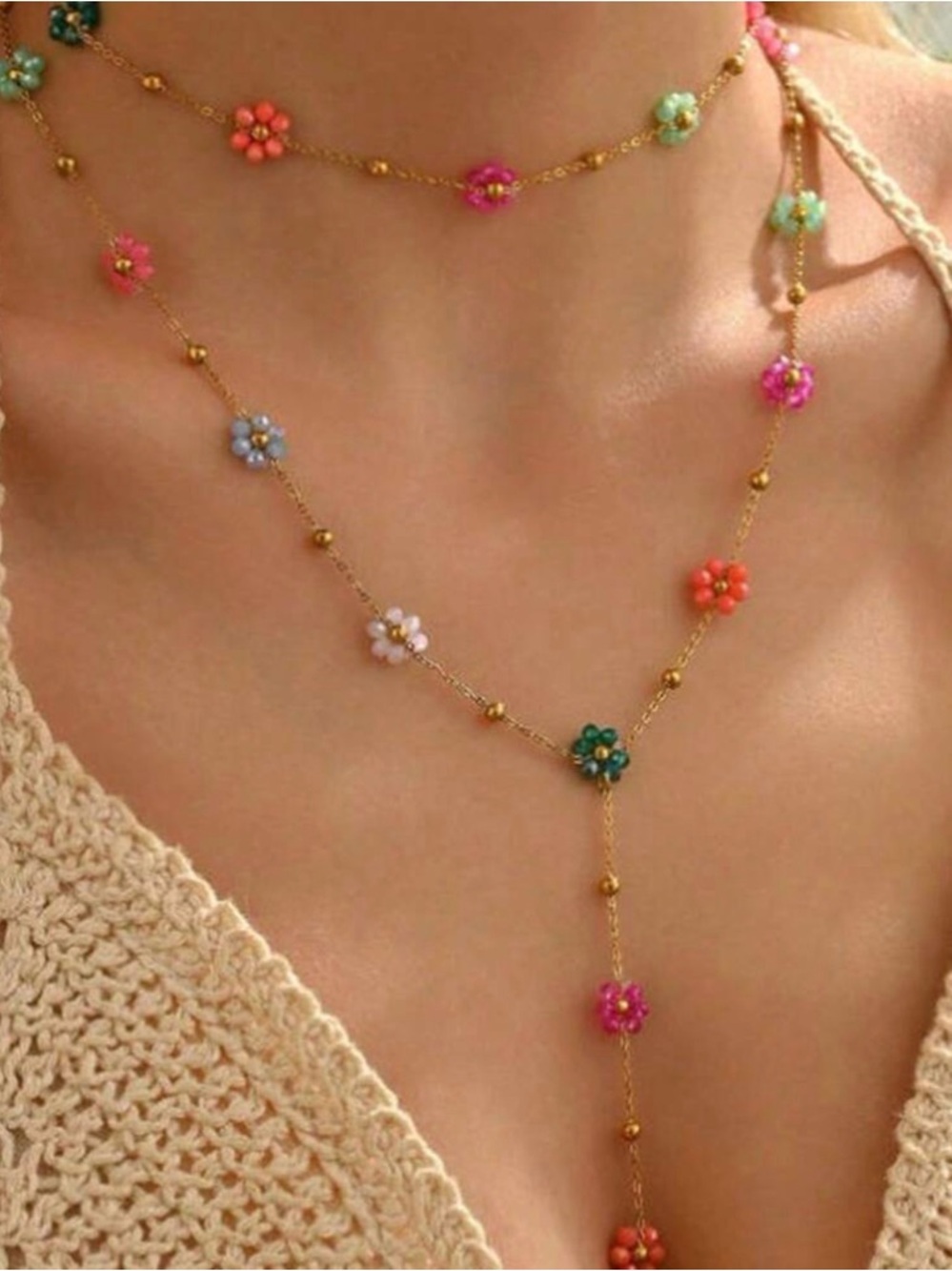 Gold Chain Multi-Color Flower Layered Necklace - Women Jewelry